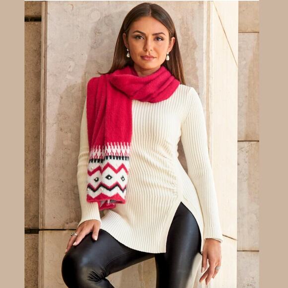 Boston Proper M Side Slit Ruched Sweater | Tunic Flare Ribbed, Off-White $200 - Picture 1 of 9